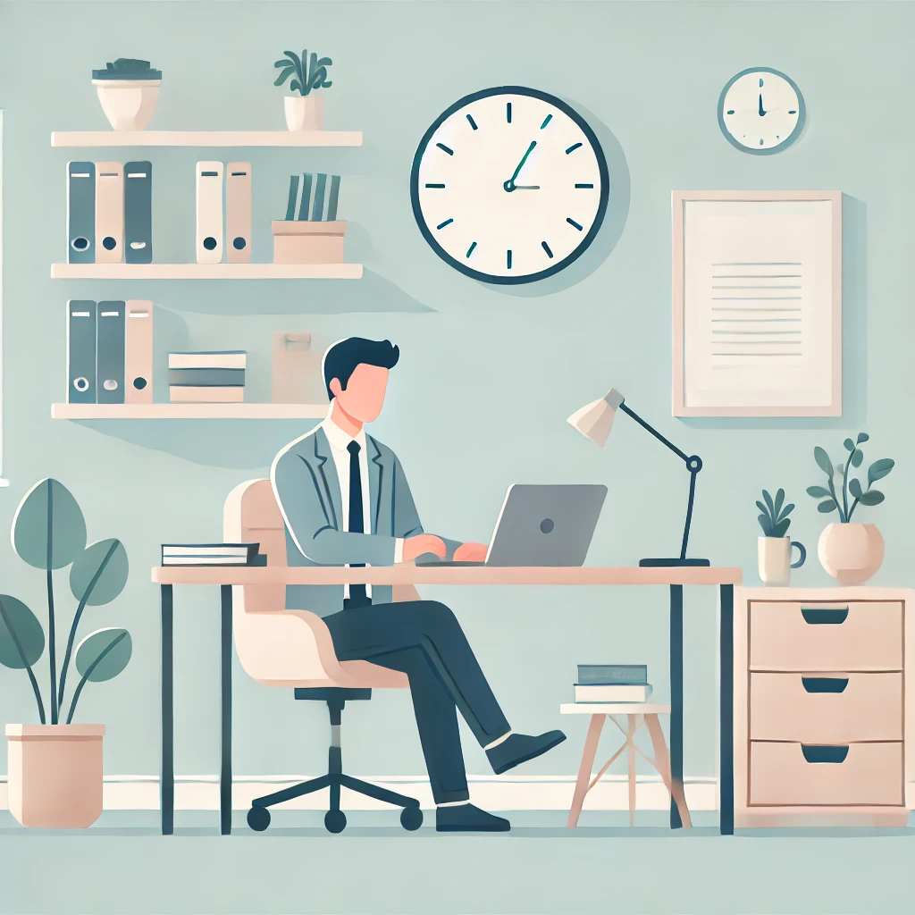 DALL·E 2024-12-14 23.37.10 - A flat-style illustration of a professional workspace with a person sitting at a desk using a laptop. The environment includes a clock on the wall, sh